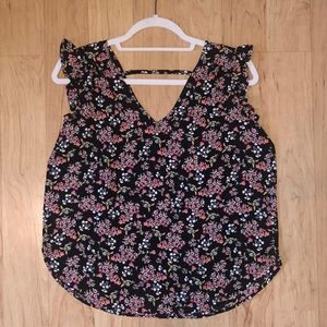 Black floral v-neck blouse with ruffle sleeve